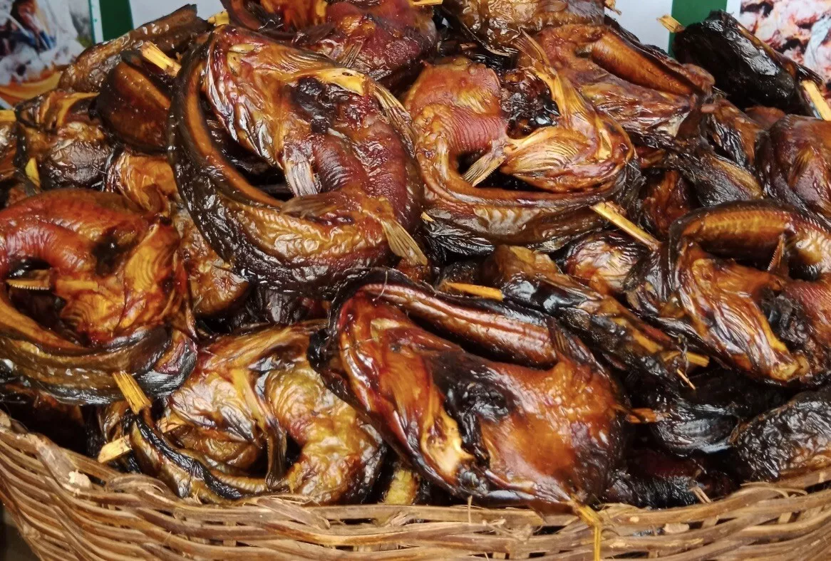 Fresh basket of premium smoked catfish from Seadan Farms