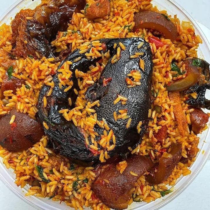 Hot jollof rice with Seadan Farms smoked catfish